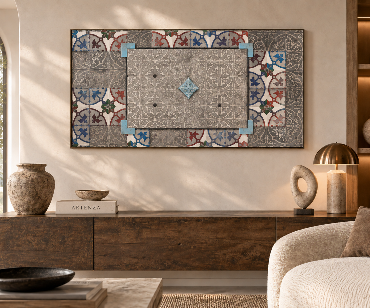 Microcemento in Rilievo con Patina e Motivi Decorativi – 60 × 115 cm