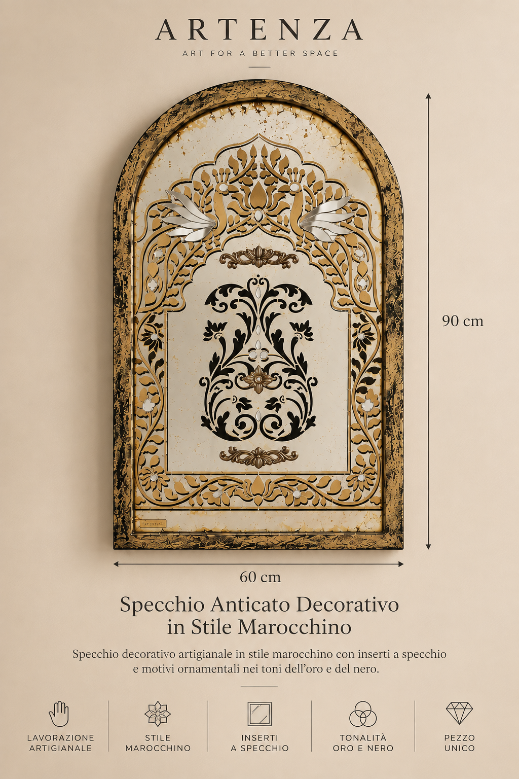 Specchio Anticato Decorativo in Stile Marocchino con Inserti a Specchio – 60 × 90 cm