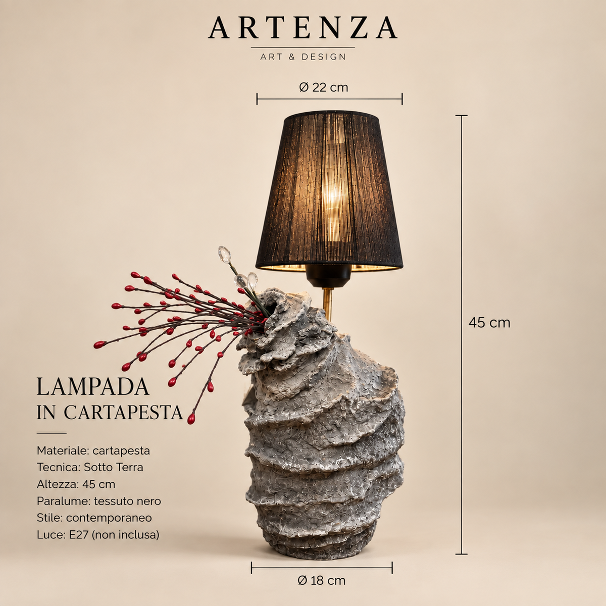 Lampada Scultorea in Cartapesta – Tecnica Sotto Terra – 45 cm