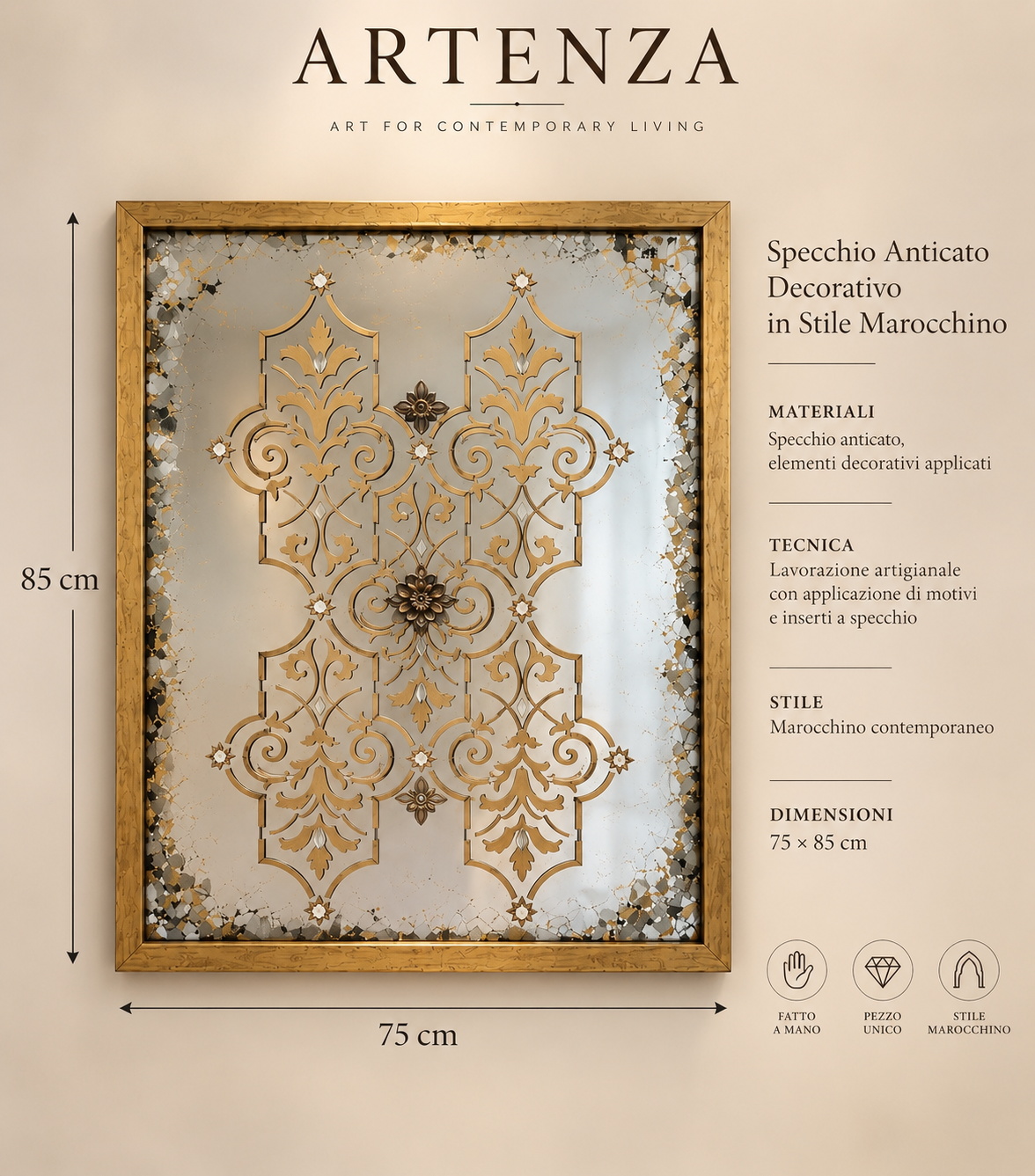 Specchio Anticato Decorativo in Stile Marocchino – 75 × 85 cm