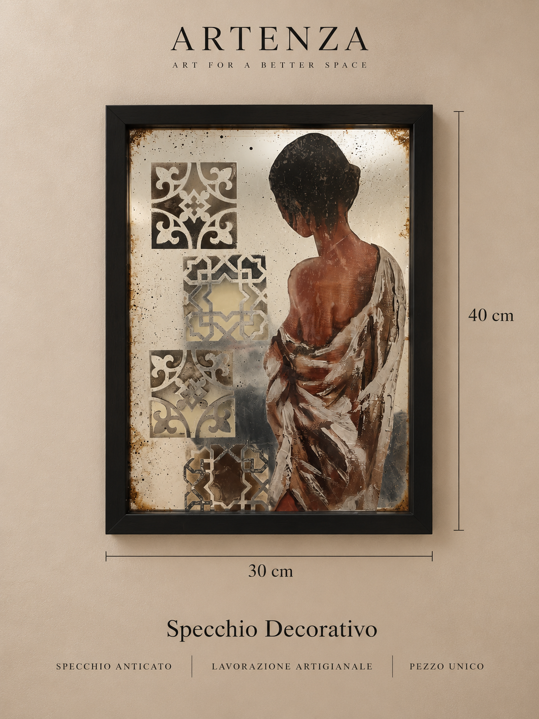 Specchio Anticato Decorativo con Figura e Motivi Geometrici – 30 × 40 cm