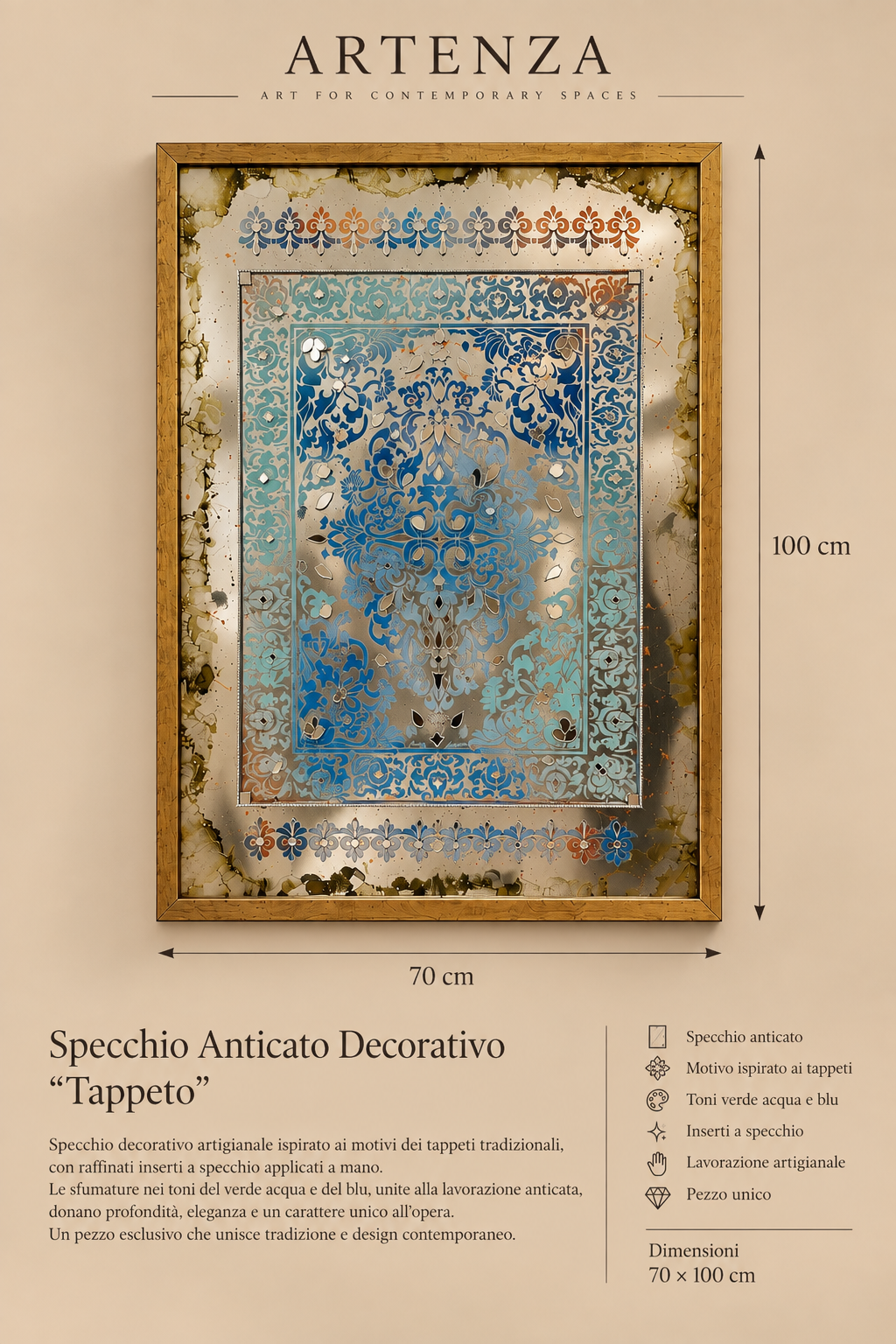 Specchio Anticato Decorativo “Tappeto” con Inserti a Specchio – 70 × 100 cm