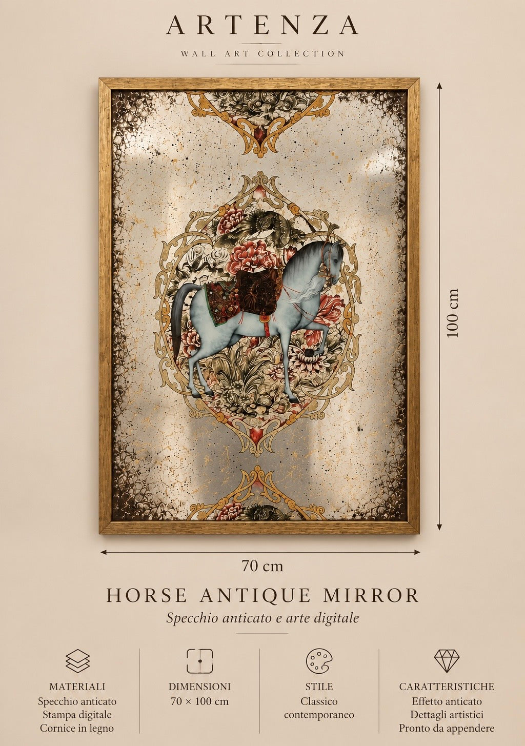 Specchio Anticato “Horse” con Digital Art – 70 × 100 cm