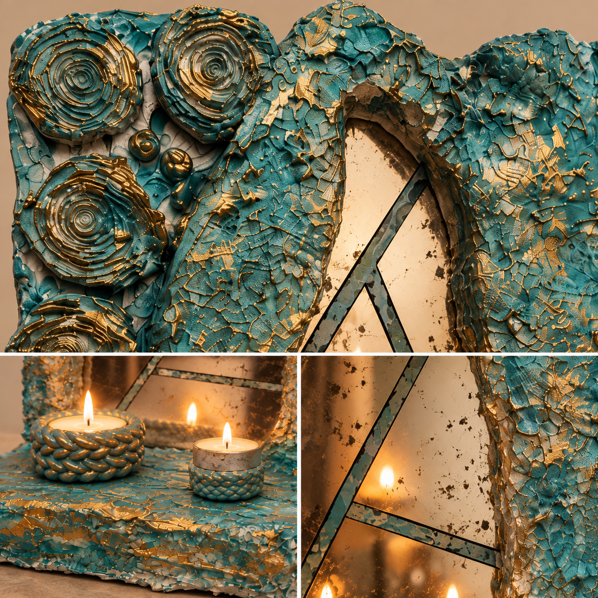 Specchio Anticato da Tavolo con Cornice in Gesso e Portacandele – H 50 cm