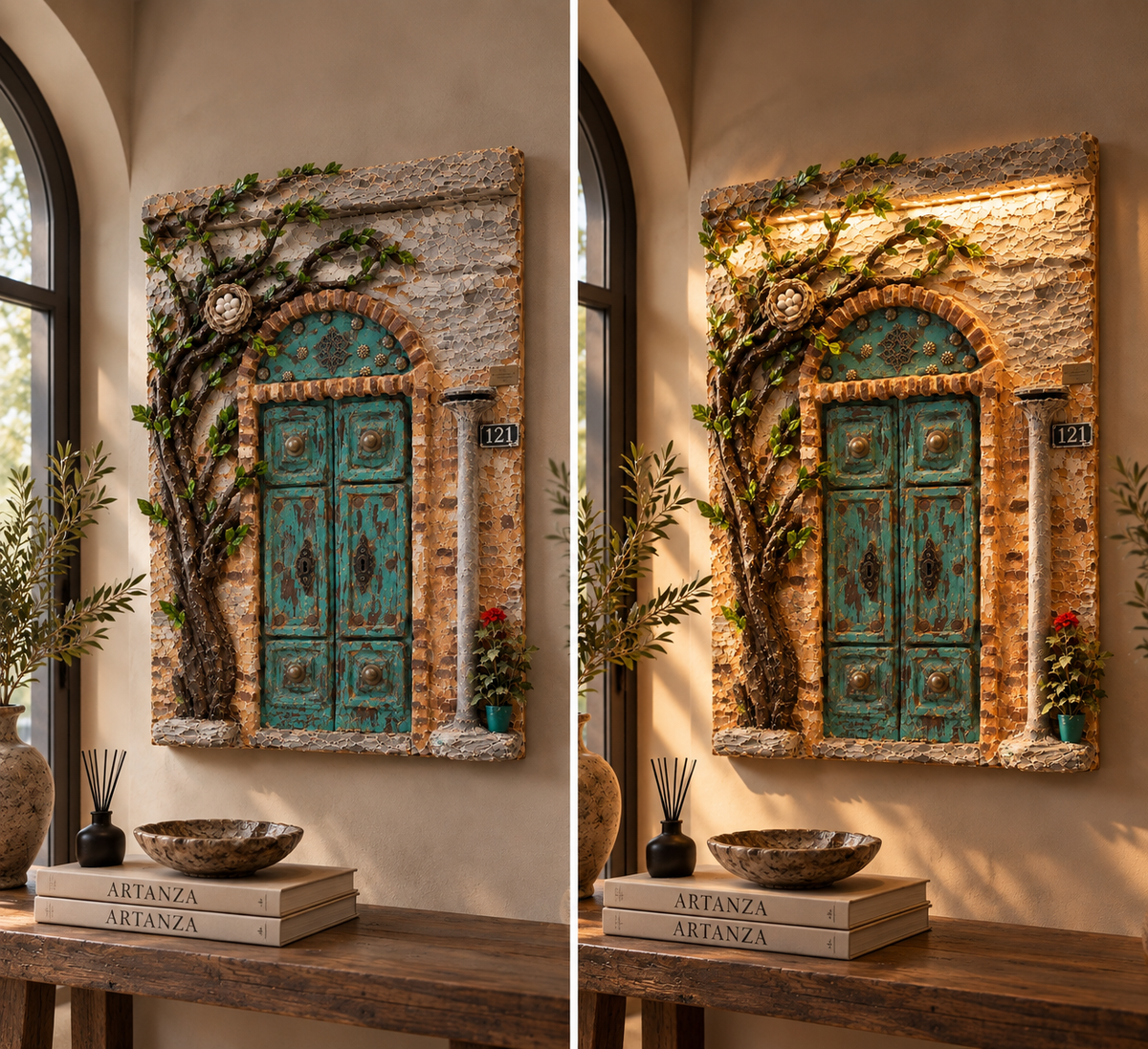 Gesso Moderno in Rilievo con Porta Tradizionale e Patina – 60 × 80 cm