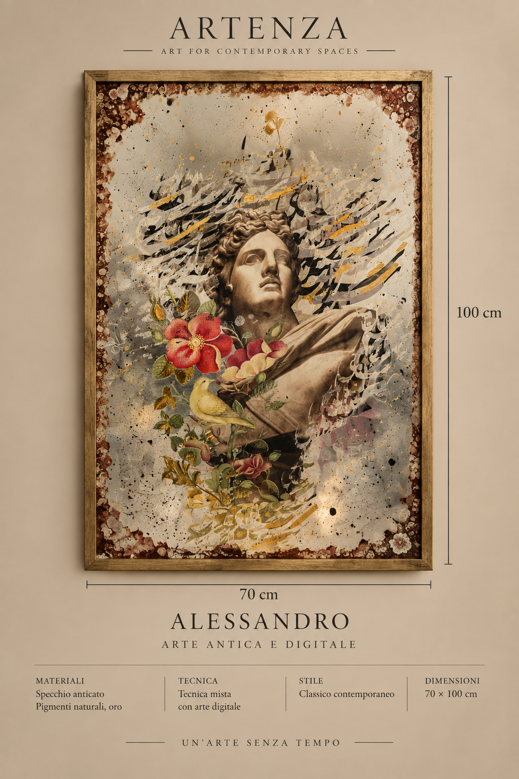 Specchio Anticato “Alexander” con Digital Art – 70 × 100 cm