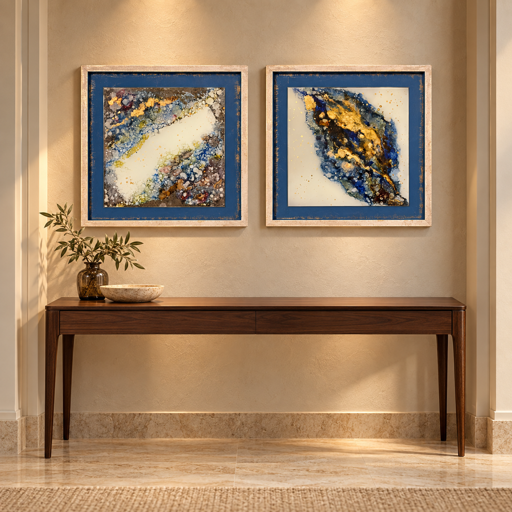 Quadro astratto su vetro – Blu e oro | 40 × 40 cm