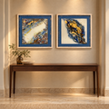 Quadro astratto su vetro – Blu e oro | 40 × 40 cm