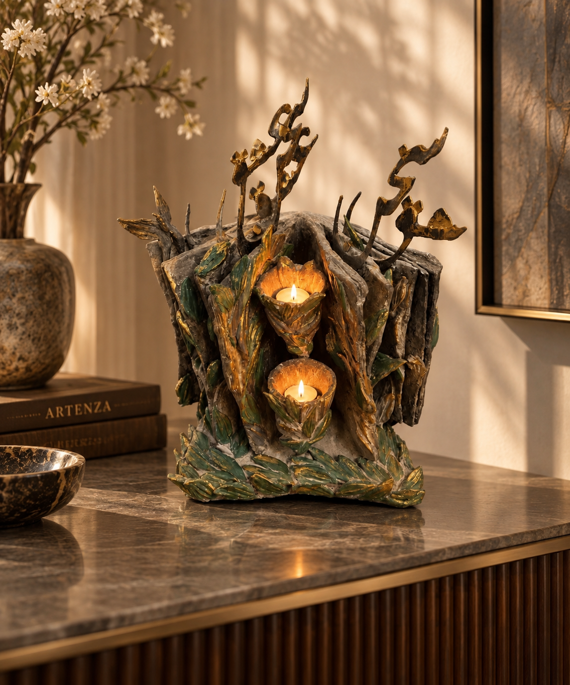 Scultura Portacandele “Il Golestan” – Libro, Foglie e Luce