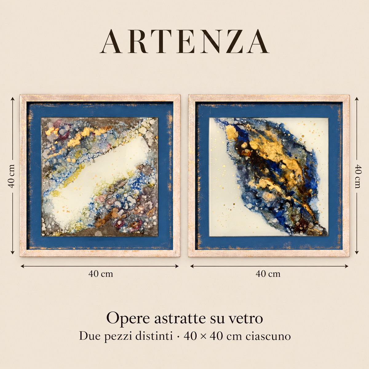 Quadro astratto su vetro – Blu e oro | 40 × 40 cm