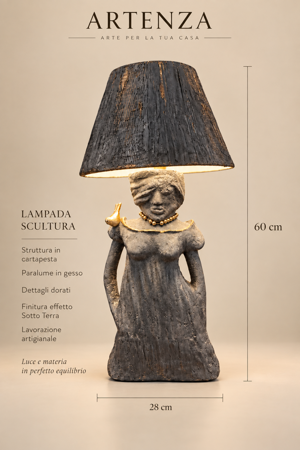Lampada Scultura in Cartapesta con Paralume in Gesso – H 60 cm