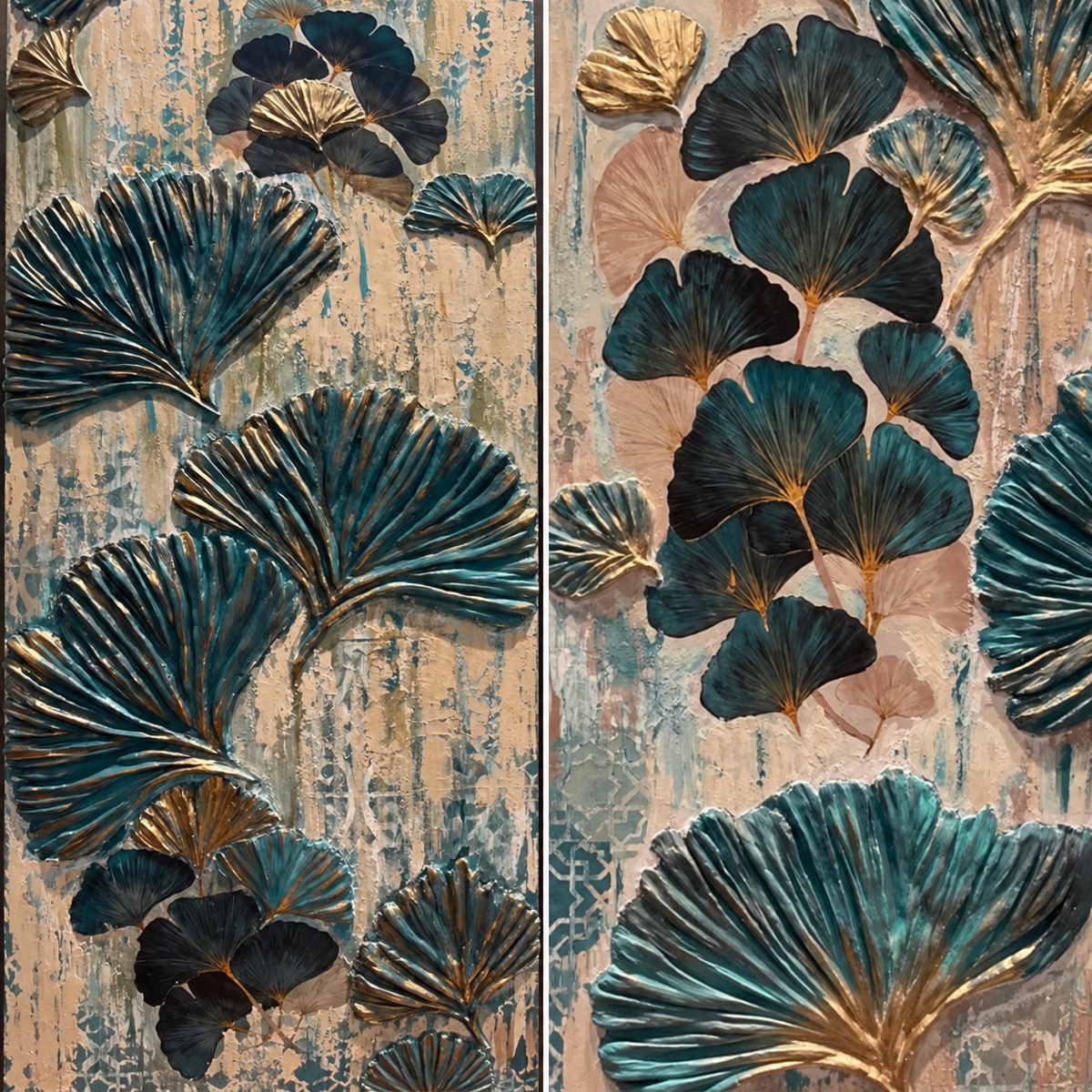 Gesso Moderno “Ginkgo” con Patina – Set di 2 Pannelli Decorativi