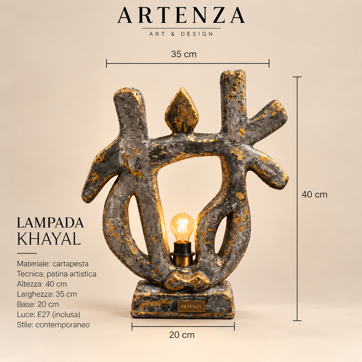 Lampada Scultorea “Khayal” in Cartapesta e Patina – 40 cm