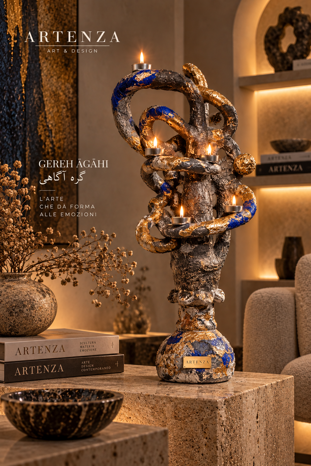 Scultura Portacandele “Gereh Agahi” in Cartapesta e Gesso – 70 cm
