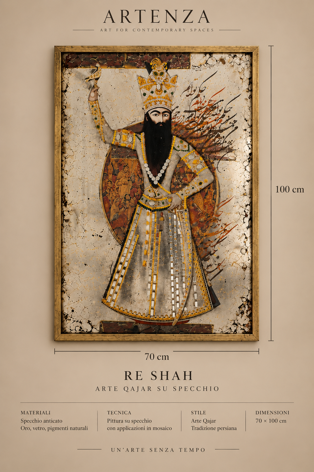 Specchio Anticato Decorativo “Re Qajar” con Inserti a Specchio – 70 × 100 cm