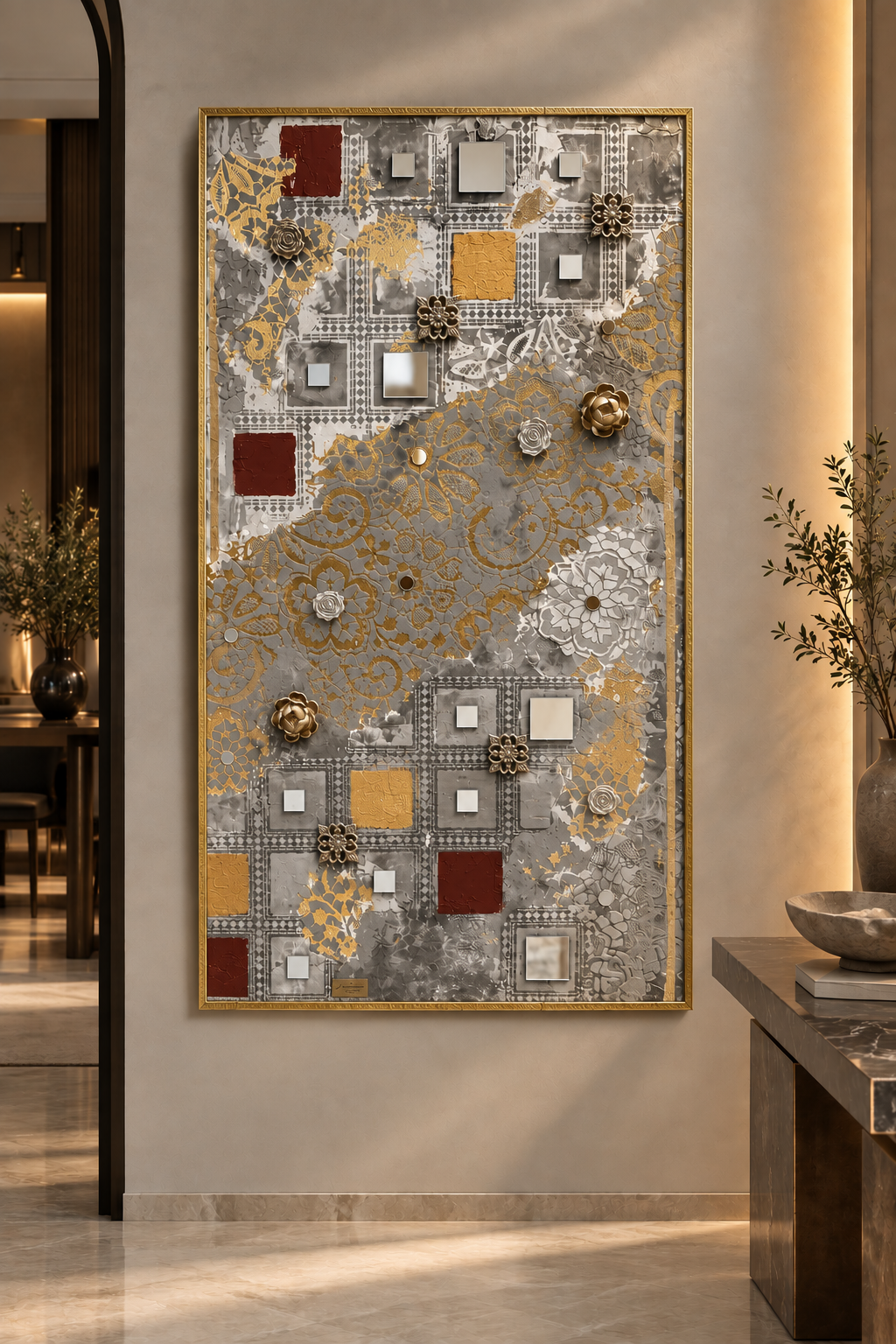 Gesso Moderno in Rilievo, Patina e Inserti a Specchio – 70 × 120 cm