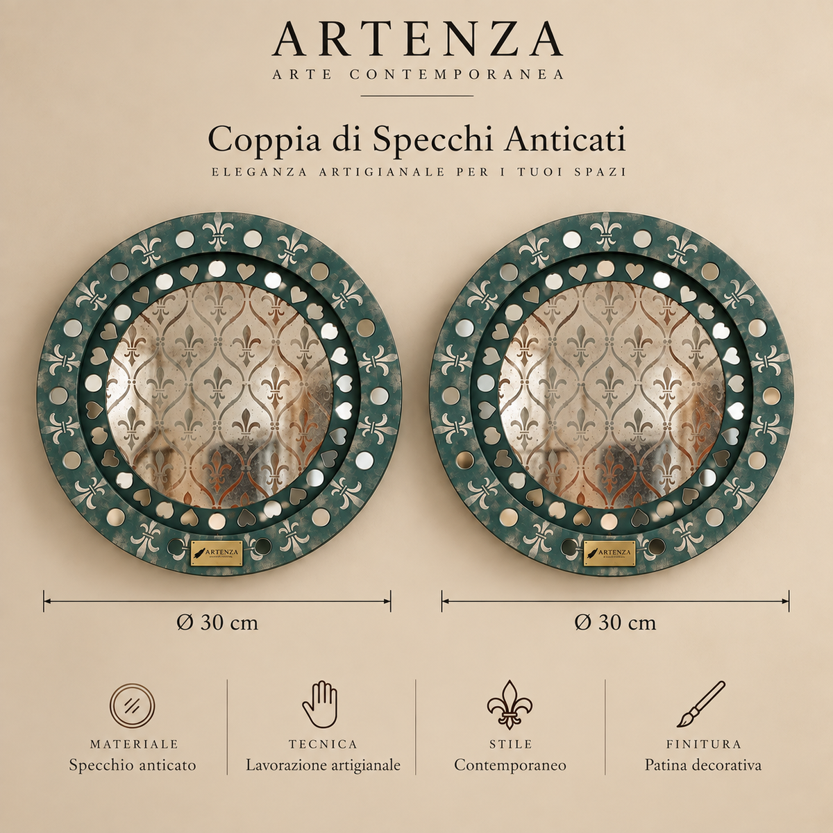 Coppia di Specchi Anticati Decorativi con Cornice a Specchio – Ø 30 cm