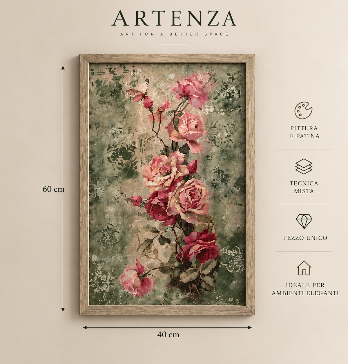 Quadro floreale in tecnica mista – Patina e Pittura, 60 × 40 cm