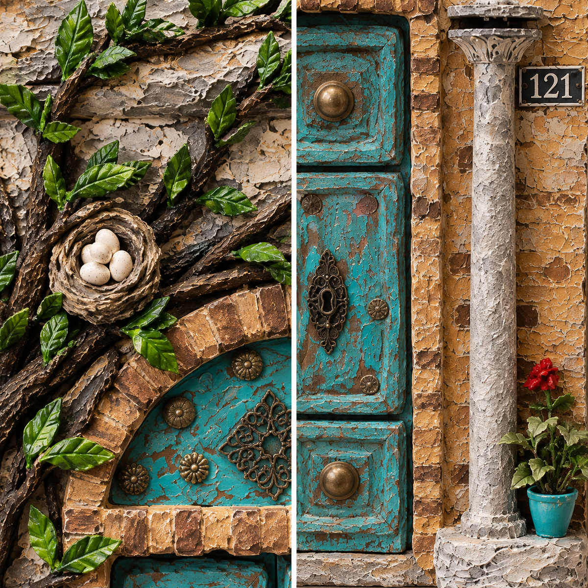 Gesso Moderno in Rilievo con Porta Tradizionale e Patina – 60 × 80 cm