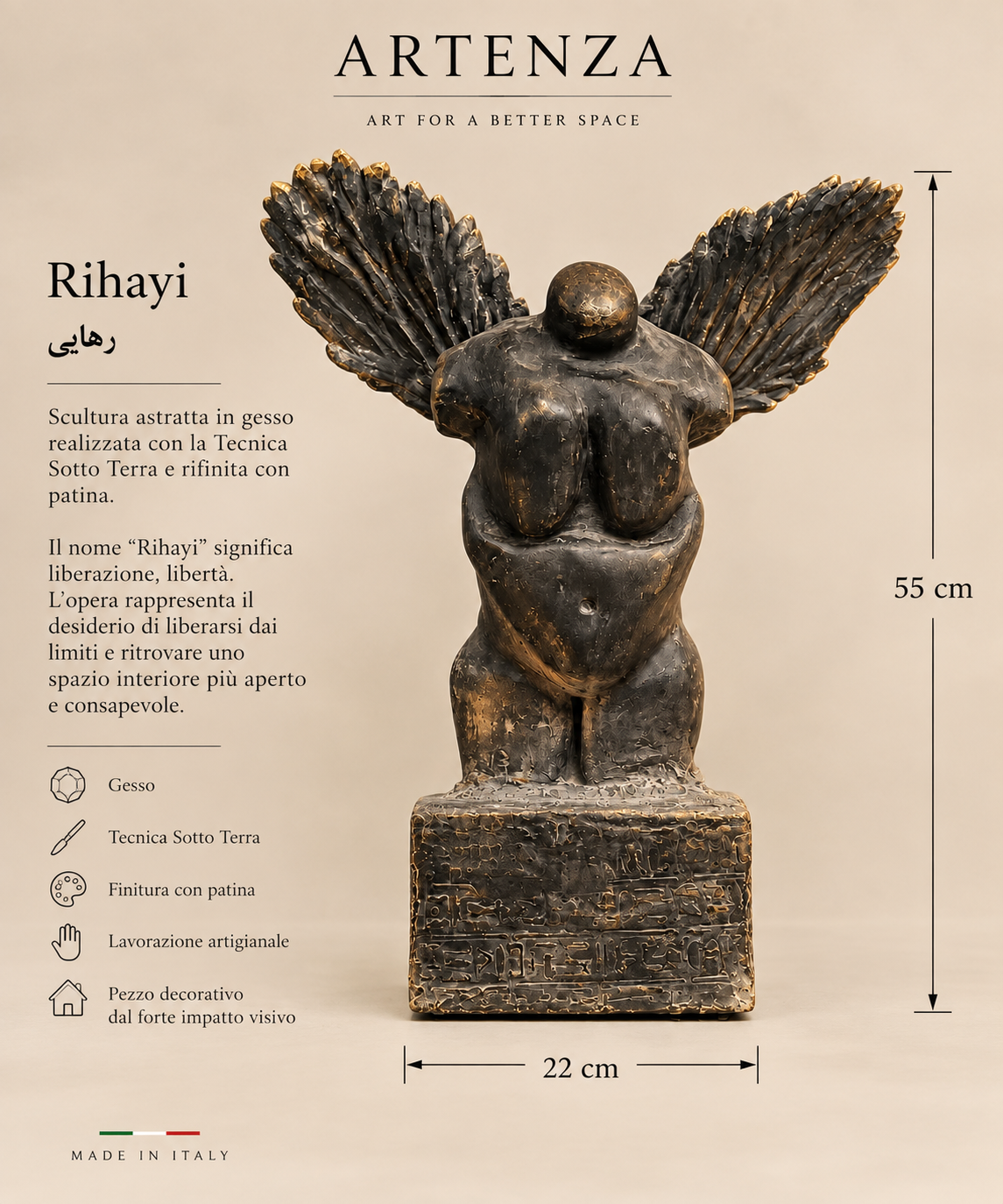 Scultura Astratta “Rihayi” in Gesso e Patina – 55 cm
