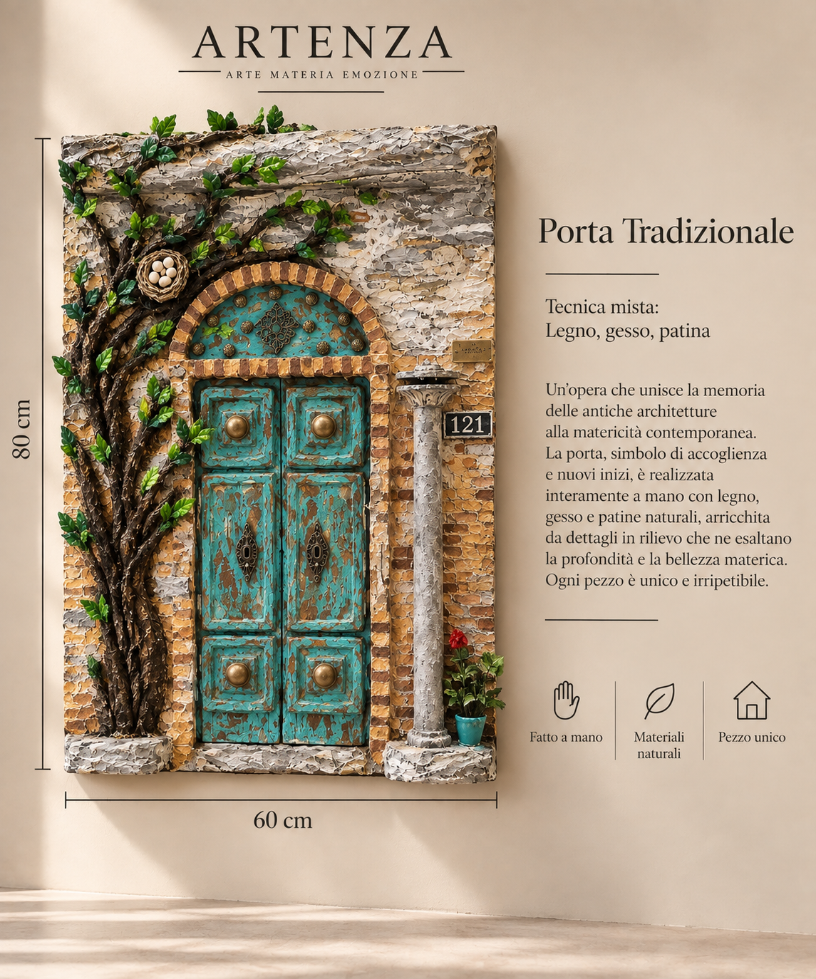 Gesso Moderno in Rilievo con Porta Tradizionale e Patina – 60 × 80 cm