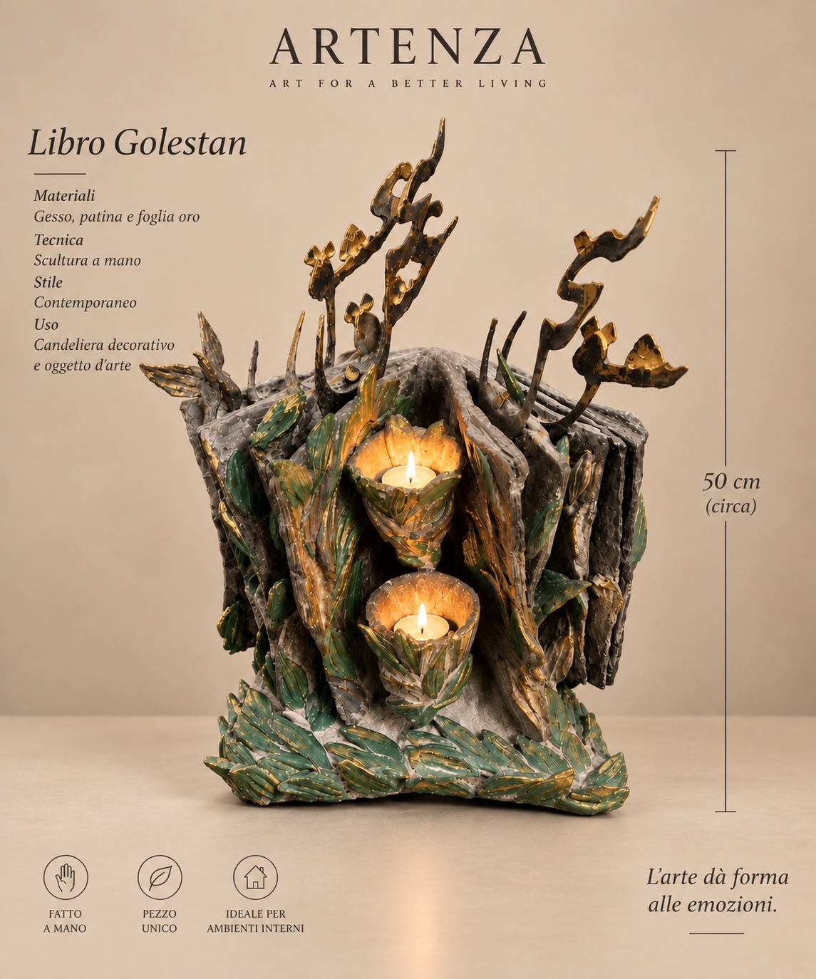 Scultura Portacandele “Il Golestan” – Libro, Foglie e Luce