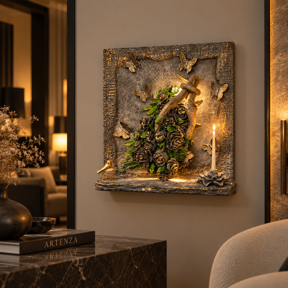 Gesso Moderno con Patina e Illuminazione – 63 × 63 cm
