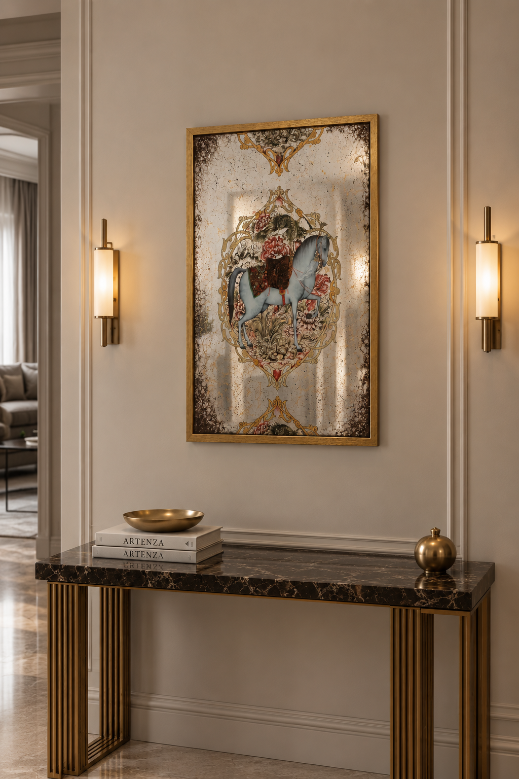 Specchio Anticato “Horse” con Digital Art – 70 × 100 cm