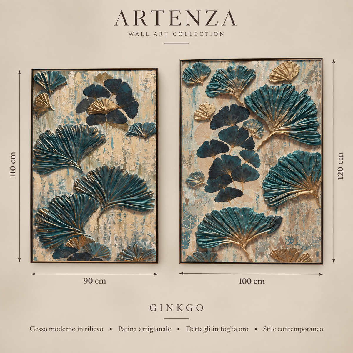 Gesso Moderno “Ginkgo” con Patina – Set di 2 Pannelli Decorativi