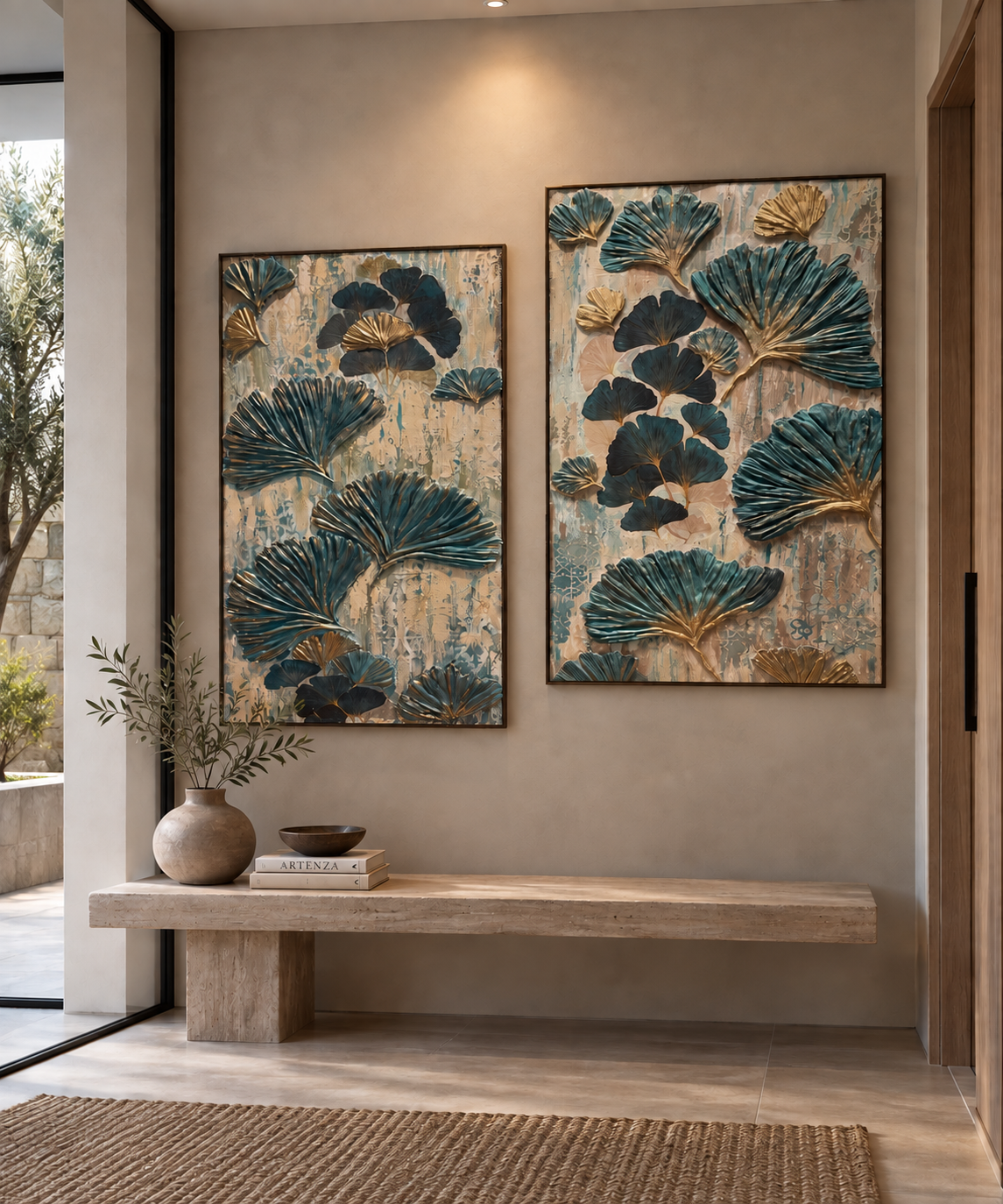 Gesso Moderno “Ginkgo” con Patina – Set di 2 Pannelli Decorativi