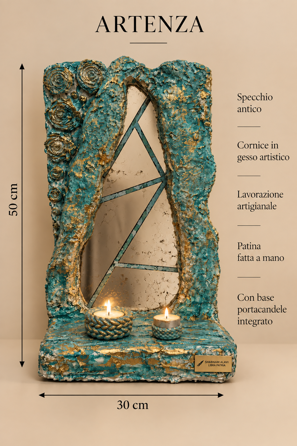 Specchio Anticato da Tavolo con Cornice in Gesso e Portacandele – H 50 cm