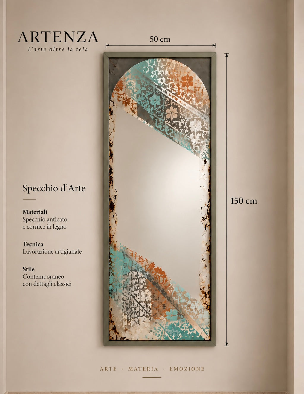Specchio Anticato Decorativo con Motivi Artistici – 50 × 150 cm
