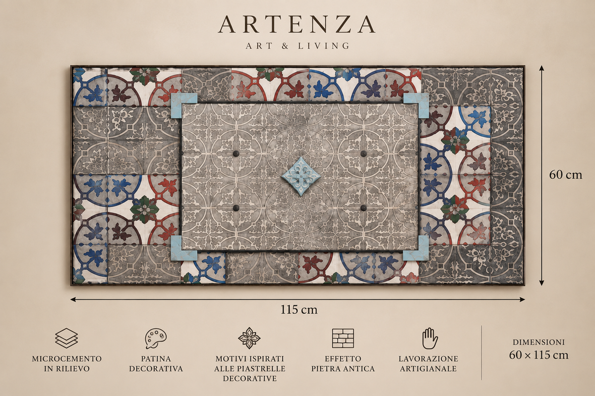 Microcemento in Rilievo con Patina e Motivi Decorativi – 60 × 115 cm