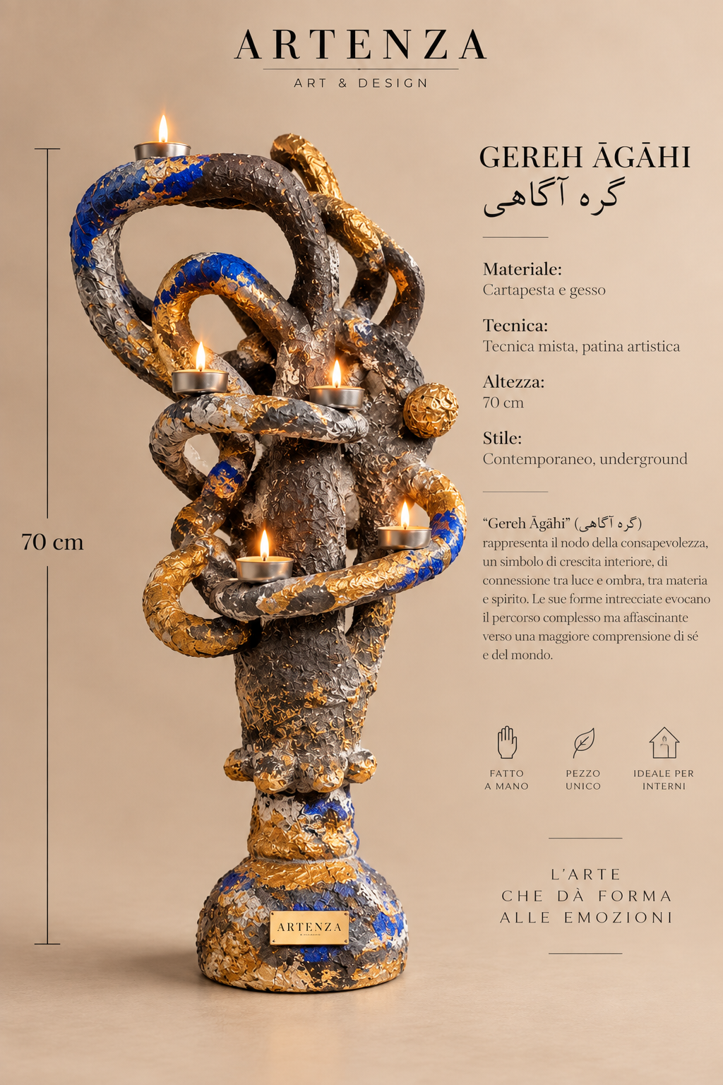 Scultura Portacandele “Gereh Agahi” in Cartapesta e Gesso – 70 cm