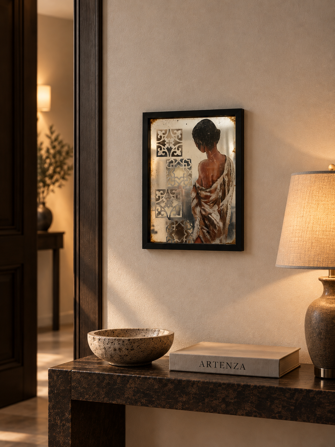 Specchio Anticato Decorativo con Figura e Motivi Geometrici – 30 × 40 cm