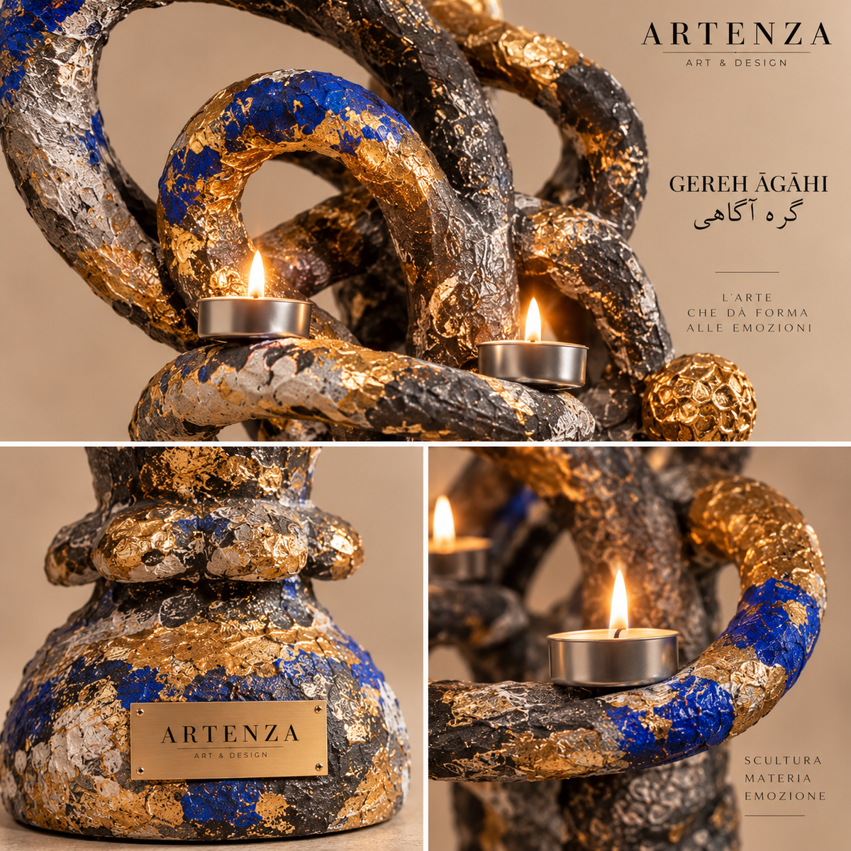 Scultura Portacandele “Gereh Agahi” in Cartapesta e Gesso – 70 cm