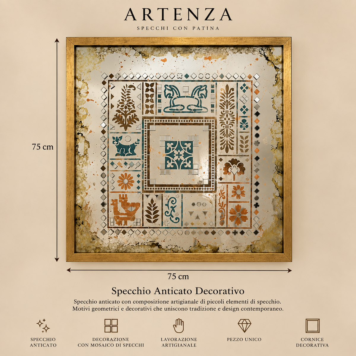 Specchio Anticato Decorativo con Mosaico di Specchi – 75 × 75 cm
